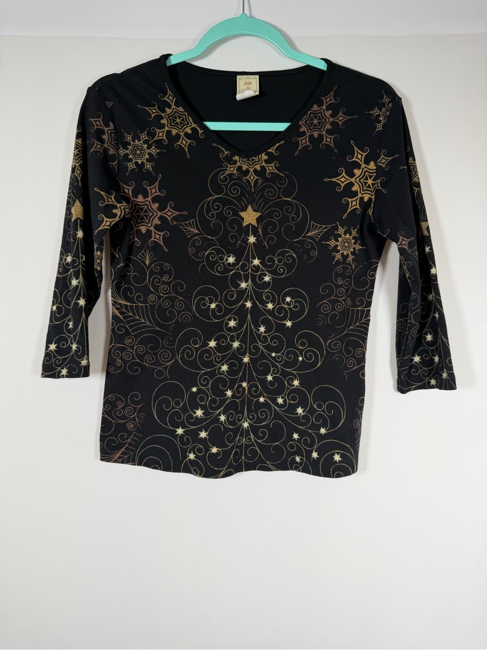 Vintage Whimsigoth Black Gold Star-Print Celestial V-Neck Women's Top